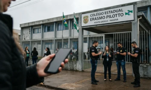 Fachada de colégio estadual com policiais civis e mão feminina segurando celular