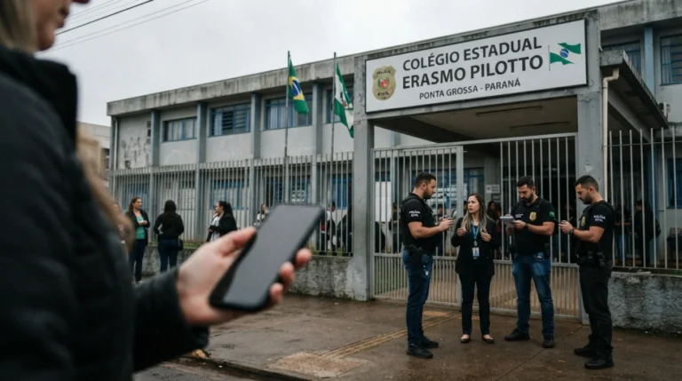 Fachada de colégio estadual com policiais civis e mão feminina segurando celular