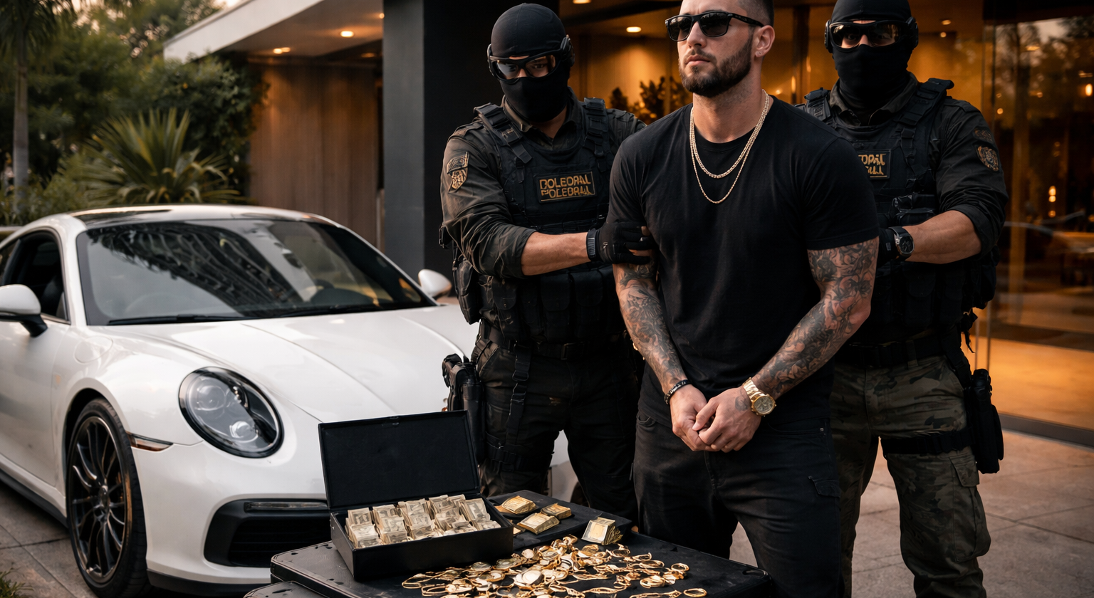 Imagem representando traficante lista vermelha Interpol preso em condomínio com Porsche e joias
