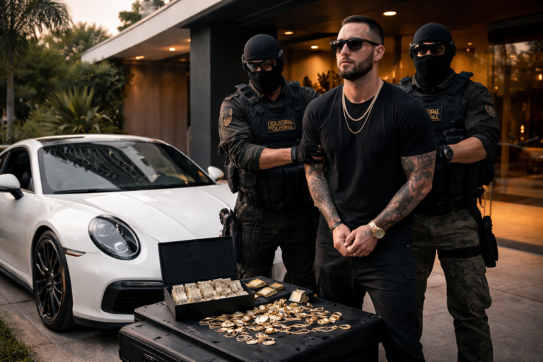 Imagem representando traficante lista vermelha Interpol preso em condomínio com Porsche e joias
