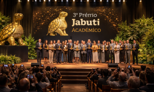 Imagem horizontal representando o 3º Prêmio Jabuti Acadêmico em evento em São Paulo