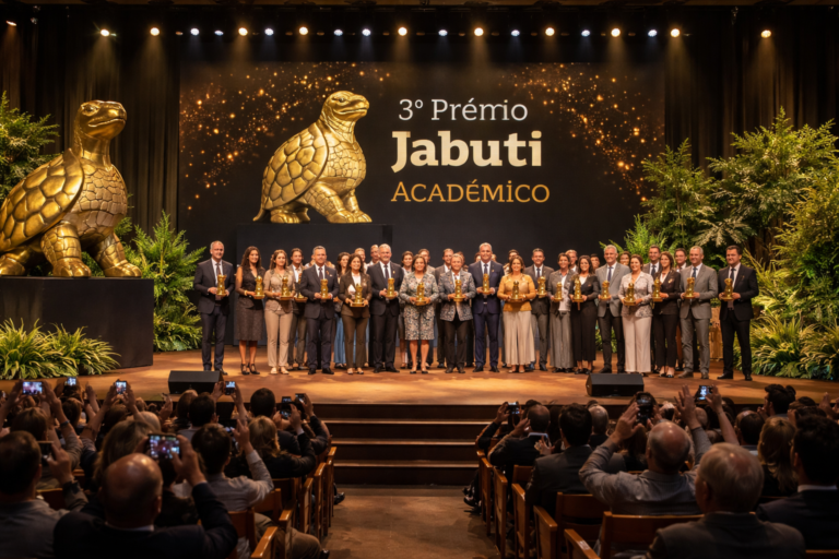 Imagem horizontal representando o 3º Prêmio Jabuti Acadêmico em evento em São Paulo
