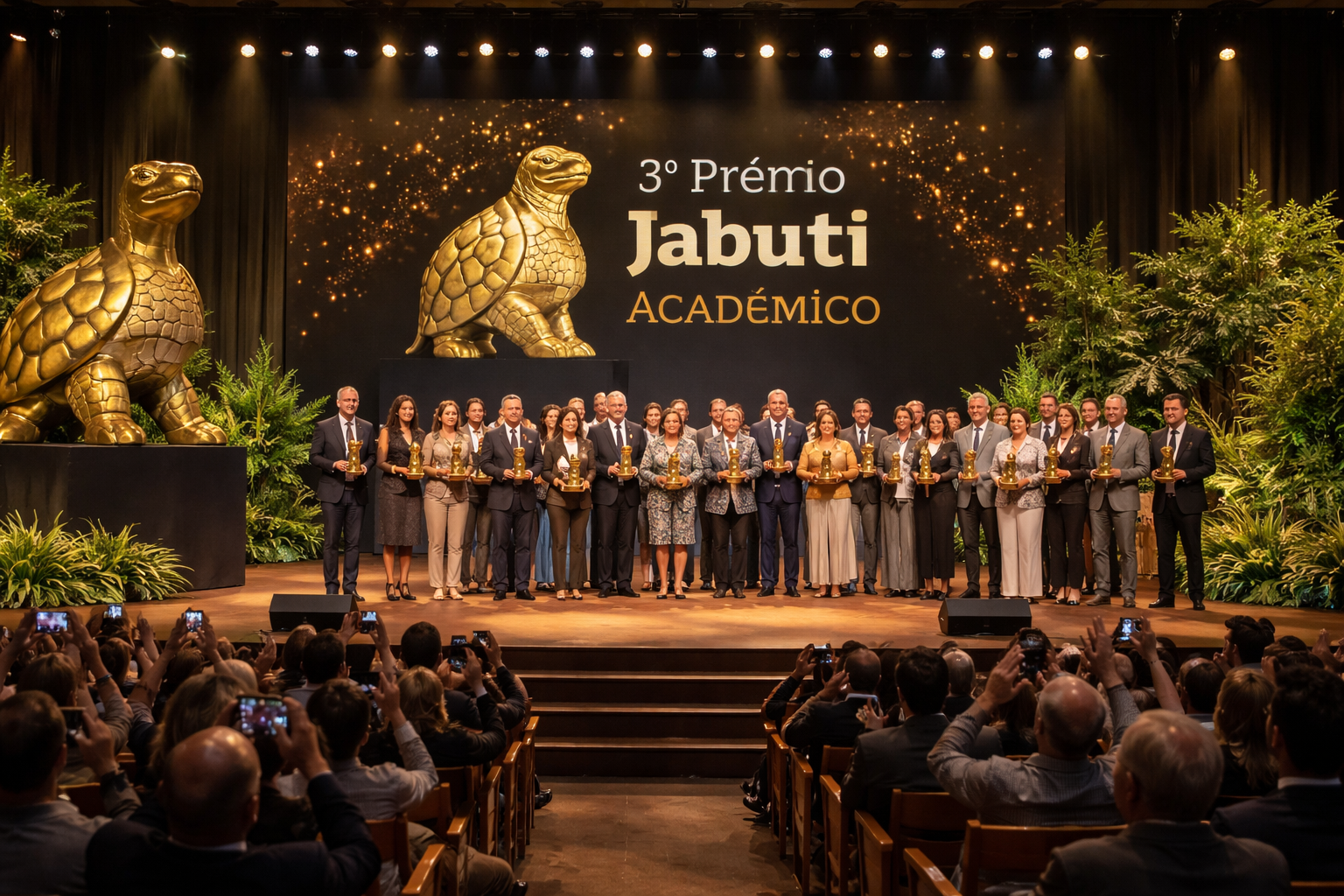 Imagem horizontal representando o 3º Prêmio Jabuti Acadêmico em evento em São Paulo