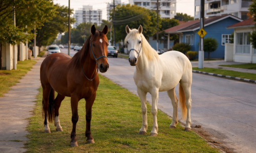 Imagem com dois cavalos encontrados no bairro Universitário, aguardando dono