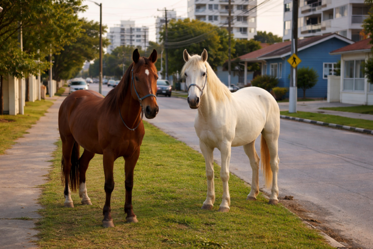 Imagem com dois cavalos encontrados no bairro Universitário, aguardando dono