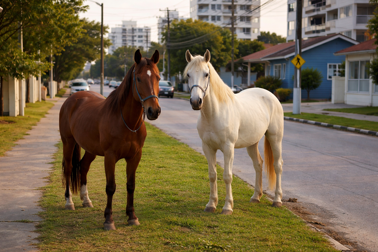 Imagem com dois cavalos encontrados no bairro Universitário, aguardando dono