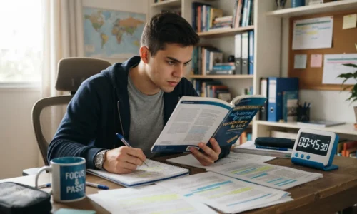 Jovem concentrado lendo livro de inglês em sala iluminada, com anotações e cronômetro