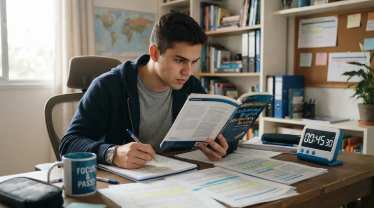 Jovem concentrado lendo livro de inglês em sala iluminada, com anotações e cronômetro