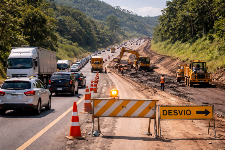 Imagem ilustrativa de obras BR 153 Paraná com bloqueios na estrada entre cidades