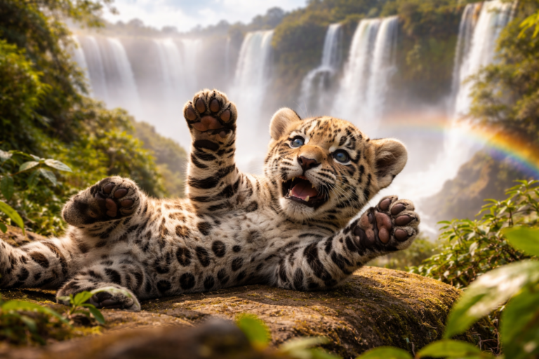 Filhote onça pintada cataratas brincando para chamar a mãe nas Cataratas do Iguaçu