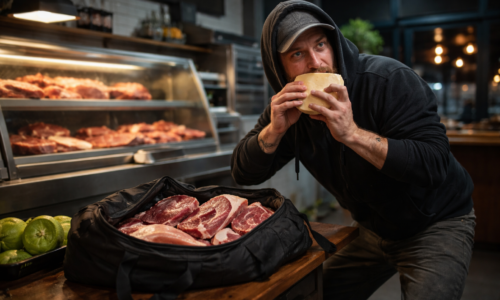 Cena representa homem invade restaurante Piraquara furtando carnes e comendo queijo