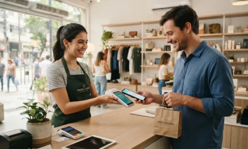 Cliente satisfeito e atendente usando pagamento móvel que agilidade influencia experiência