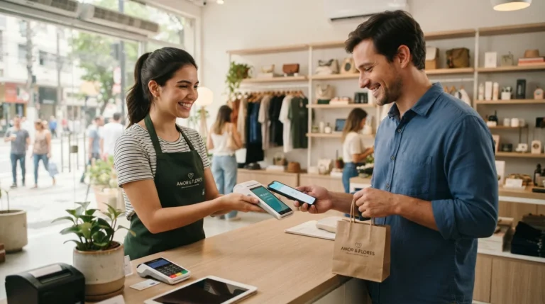 Cliente satisfeito e atendente usando pagamento móvel que agilidade influencia experiência