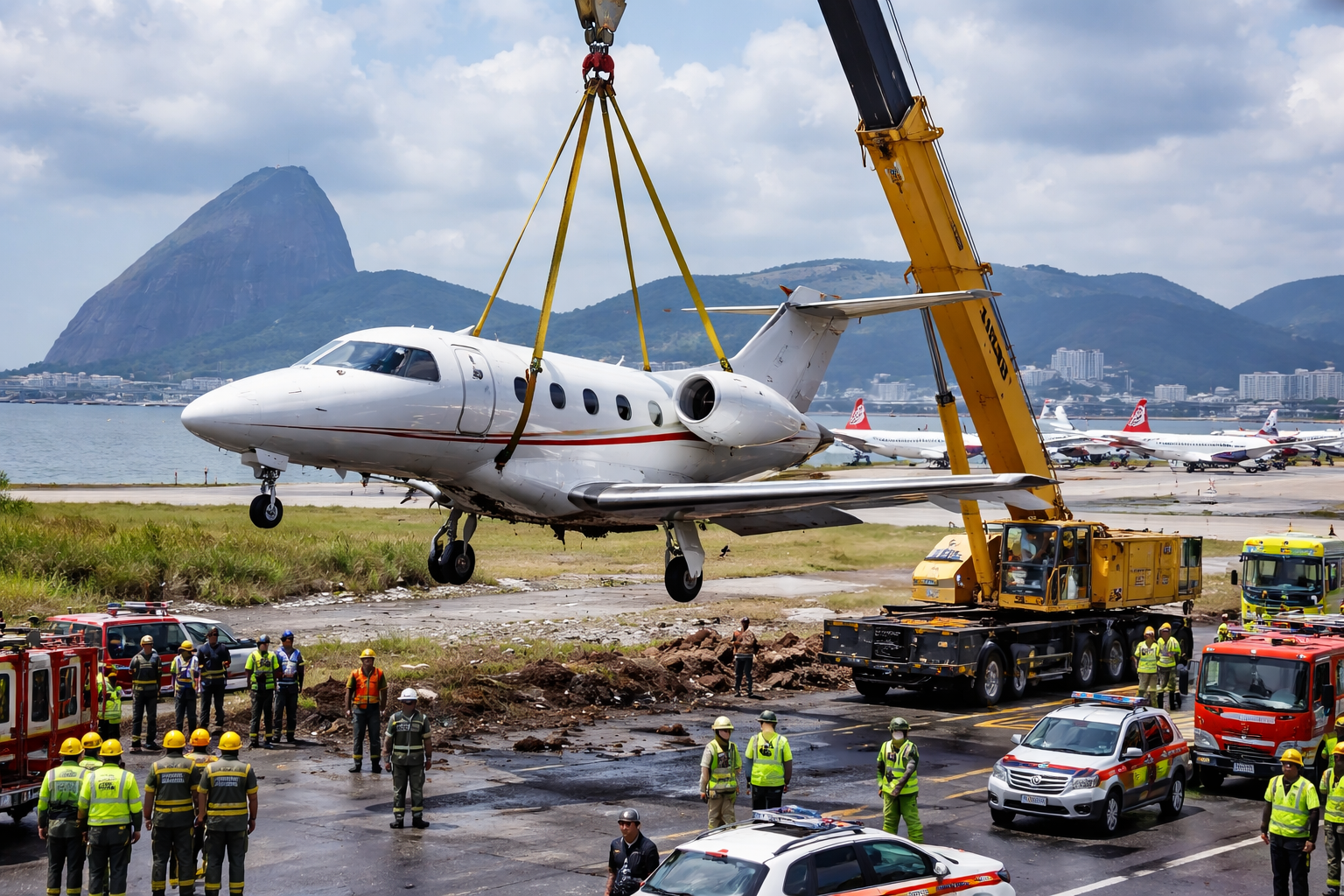 Jatinho Embraer EMB 500 içado após derrapagem bloqueia pista no Aeroporto Santos Dumont