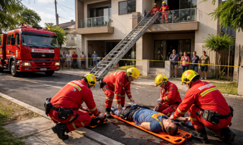 Bombeiros atendem vítima queda plano elevado em sobrado na Rua Curitiba