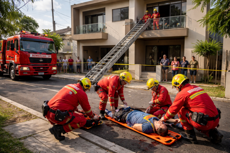 Bombeiros atendem vítima queda plano elevado em sobrado na Rua Curitiba