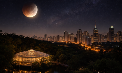 Imagem do eclipse lunar parcial no Paraná em fundo escuro da madrugada