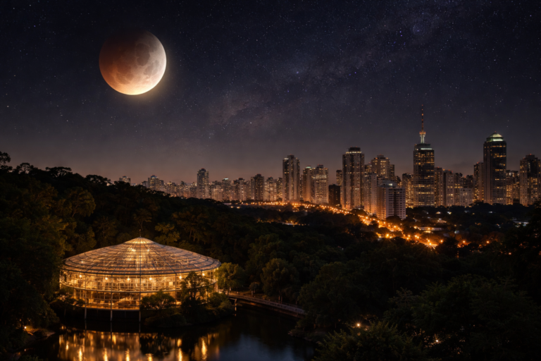 Imagem do eclipse lunar parcial no Paraná em fundo escuro da madrugada