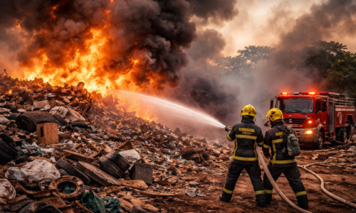 Incêndio em terreno com entulhos no Cascavel Velho sendo combatido pelo Corpo de Bombeiros