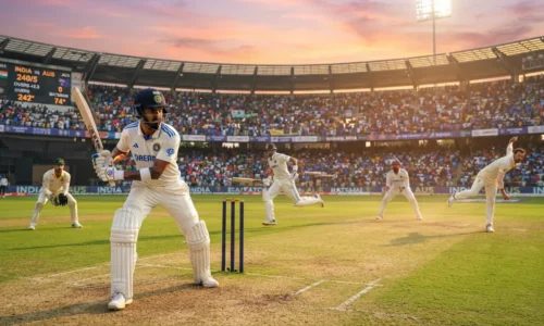 Imagem rascunho automático com batsman especialista e jogador versátil em críquete ao entardecer