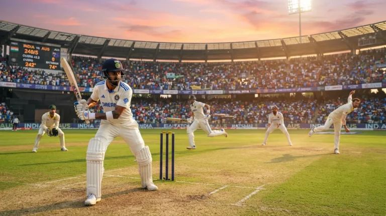 Imagem rascunho automático com batsman especialista e jogador versátil em críquete ao entardecer