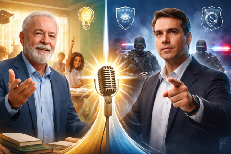 Imagem horizontal mostrando Lula destaca educação Flávio e Flávio Bolsonaro em propaganda eleitoral no rádio