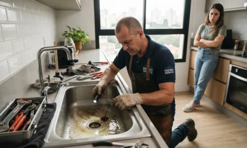 Encanador examinando pia entupida com ferramentas ao lado em apartamento moderno