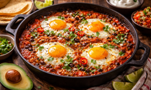 Prato de ovos rancheiros com molho de tomate e gema cremosa em fundo neutro