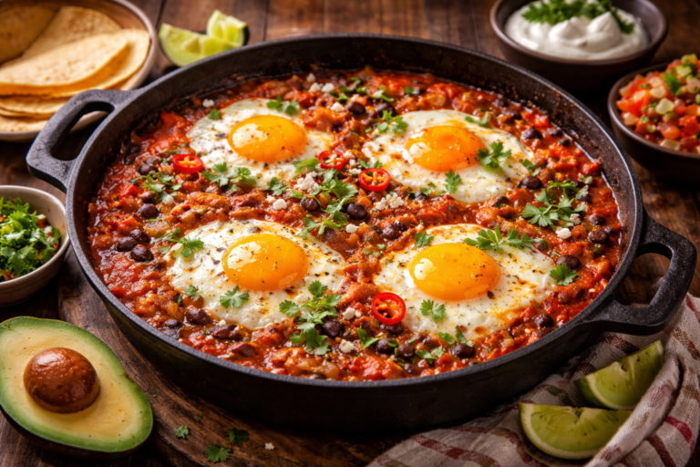 Prato de ovos rancheiros com molho de tomate e gema cremosa em fundo neutro
