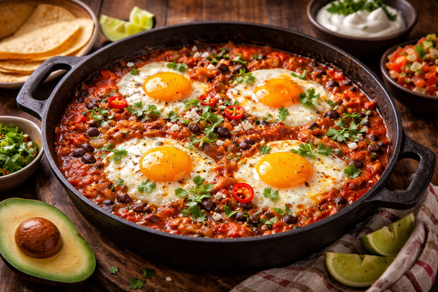 Prato de ovos rancheiros com molho de tomate e gema cremosa em fundo neutro