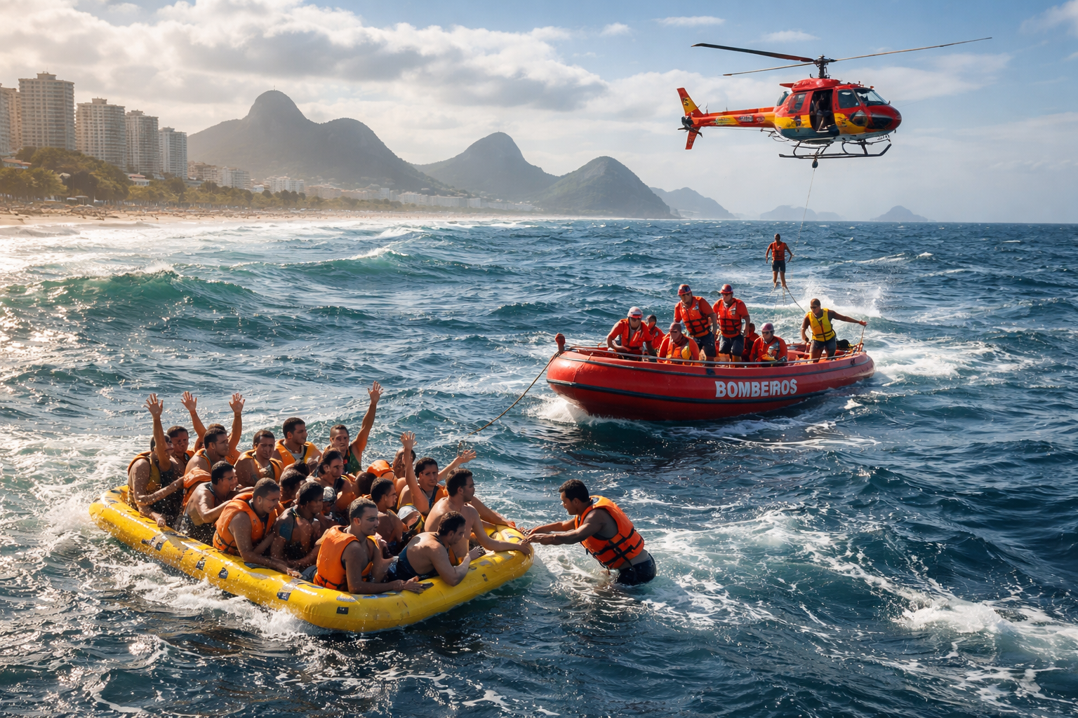 Grupo 20 fica à deriva no mar da Barra da Tijuca sendo resgatado por bombeiros