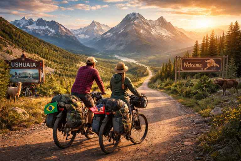 Casal paranaense cruza América pedalando entre Ushuaia e Alasca