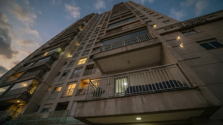 Prédio residencial alto visto de baixo com sacada do 14º andar e rede de proteção ao entardecer