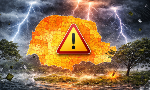 Imagem representando 316 cidades do Paraná em alerta para chuva, granizo e ventos fortes