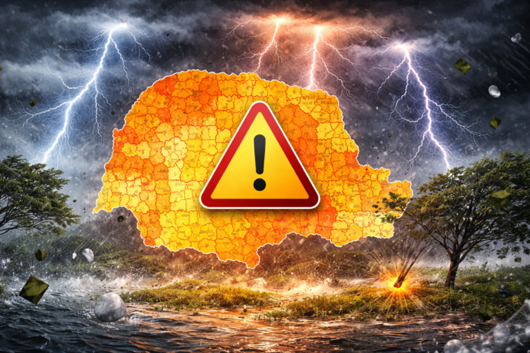 Imagem representando 316 cidades do Paraná em alerta para chuva, granizo e ventos fortes
