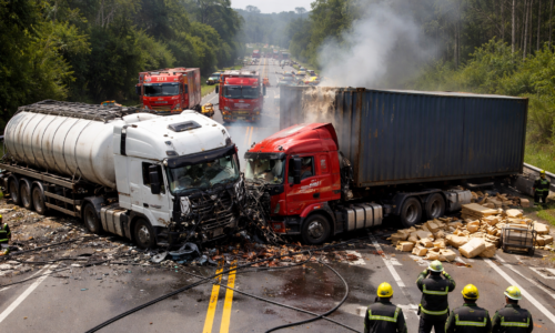 Imagem de um acidente entre duas carretas bloqueando a BR-116 em Campina Grande do Sul