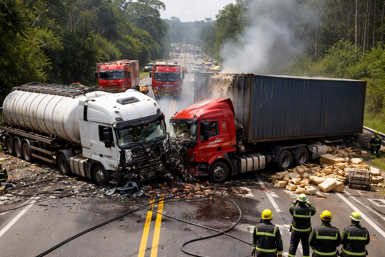 Imagem de um acidente entre duas carretas bloqueando a BR-116 em Campina Grande do Sul