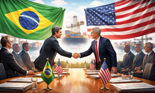Ilustração horizontal representando Brasil e EUA retomam negociações sobre tarifas comerciais
