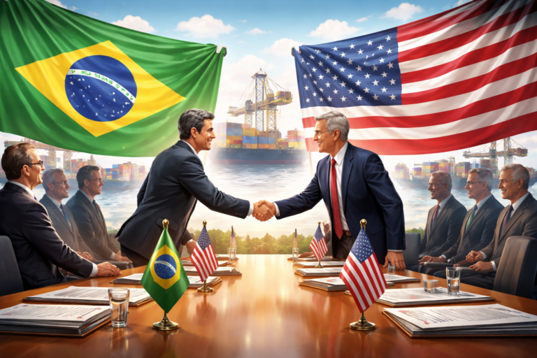 Ilustração horizontal representando Brasil e EUA retomam negociações sobre tarifas comerciais