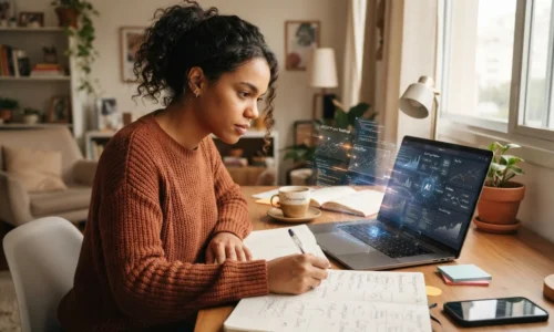 Pessoa jovem sentada com laptop e anotações, simbolizando rascunho automático