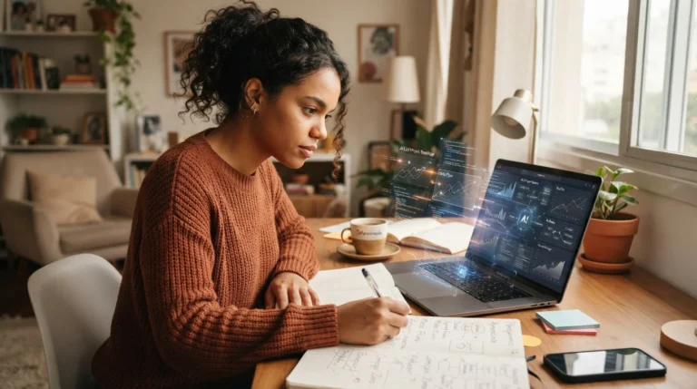 Pessoa jovem sentada com laptop e anotações, simbolizando rascunho automático