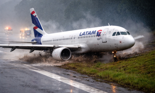 Imagem horizontal mostrando saída de pista sob chuva, piloto Latam atribui causa