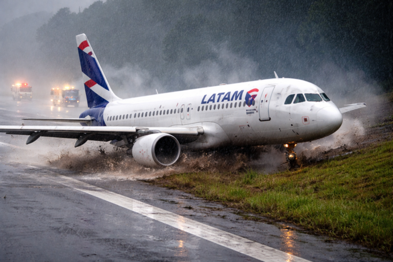 Imagem horizontal mostrando saída de pista sob chuva, piloto Latam atribui causa