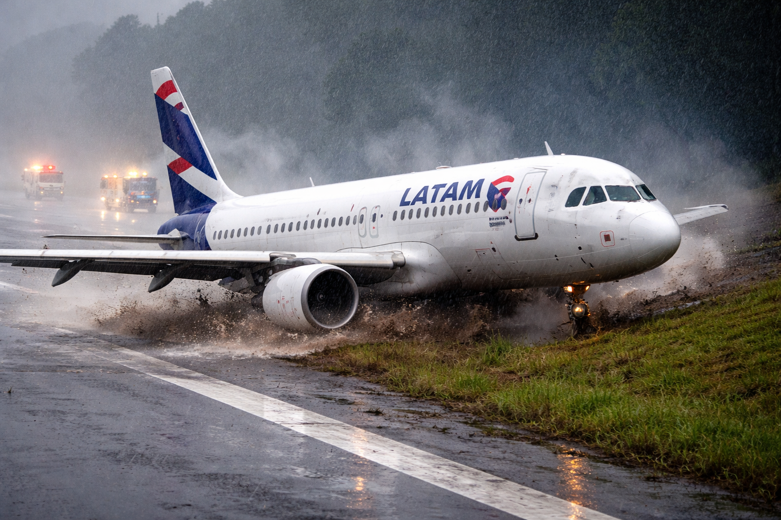 Imagem horizontal mostrando saída de pista sob chuva, piloto Latam atribui causa