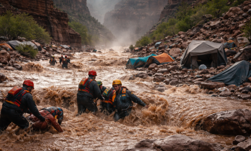 Imagem representando duas mortes mais dezena desaparecidos após enchente no Grand Canyon