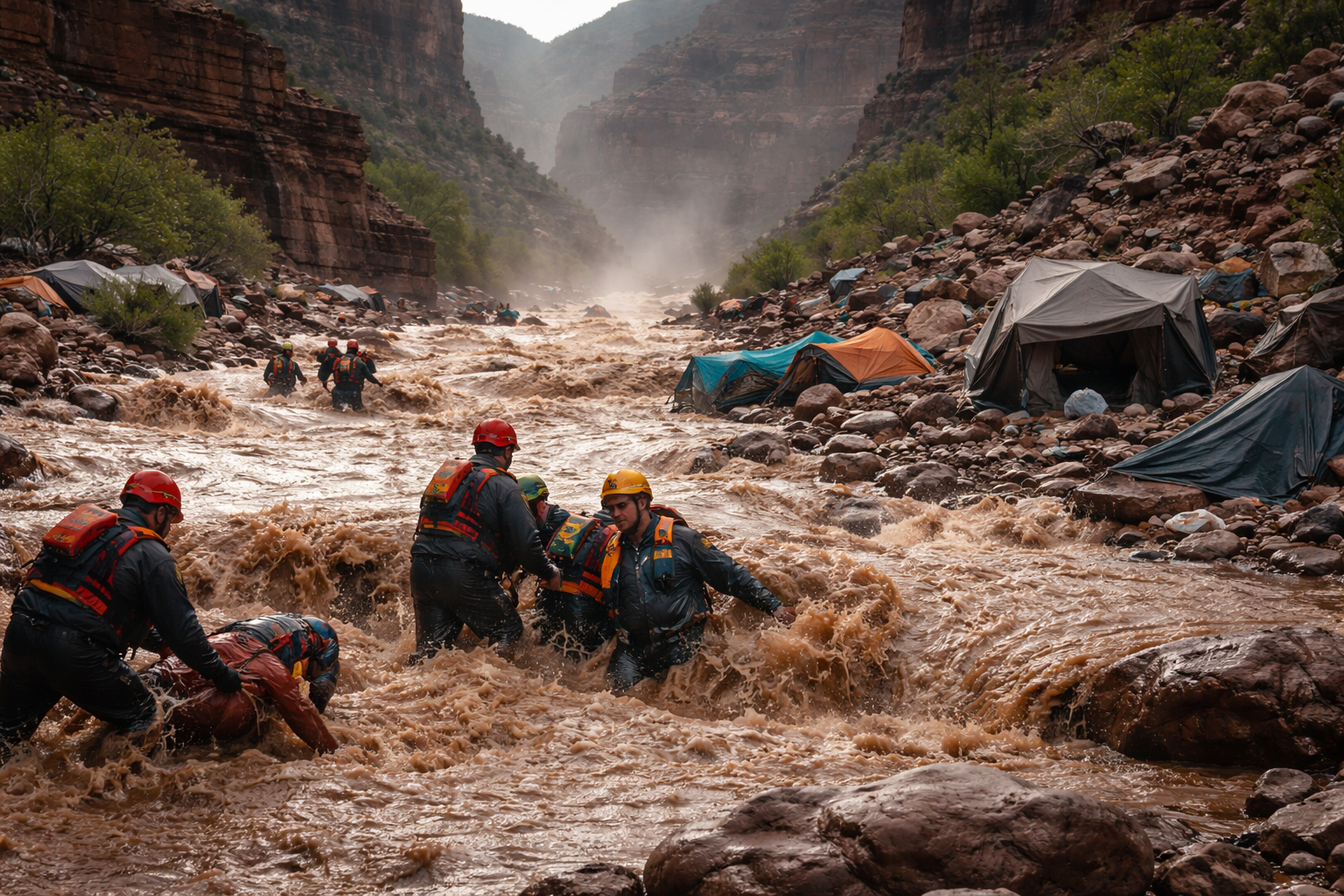 Imagem representando duas mortes mais dezena desaparecidos após enchente no Grand Canyon
