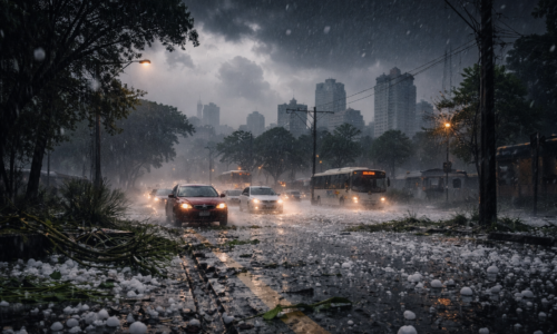 Imagem de capa mostrando chuva intensa granizo transforma o dia em noite em Curitiba