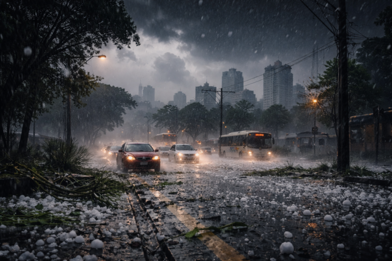 Imagem de capa mostrando chuva intensa granizo transforma o dia em noite em Curitiba