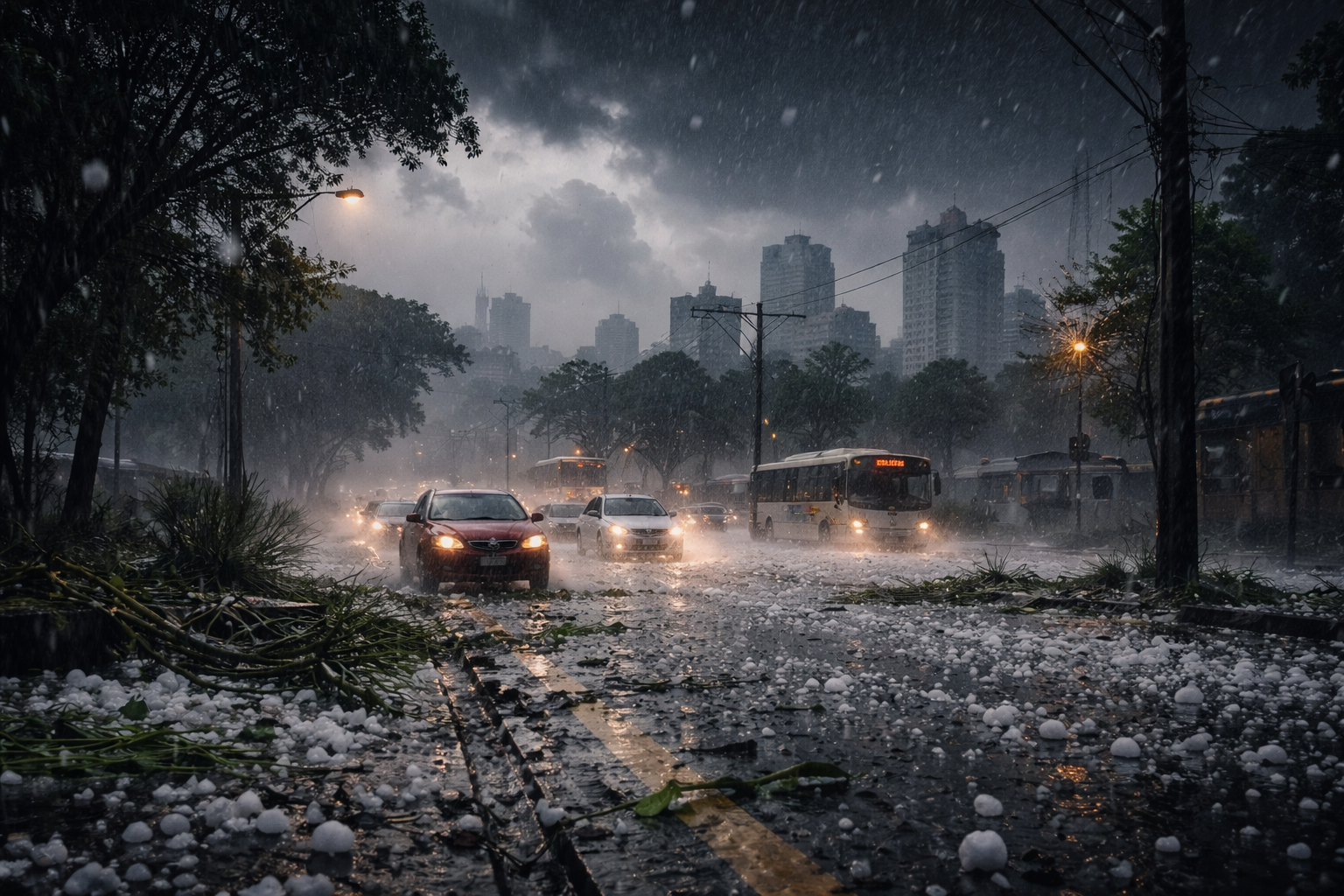 Imagem de capa mostrando chuva intensa granizo transforma o dia em noite em Curitiba