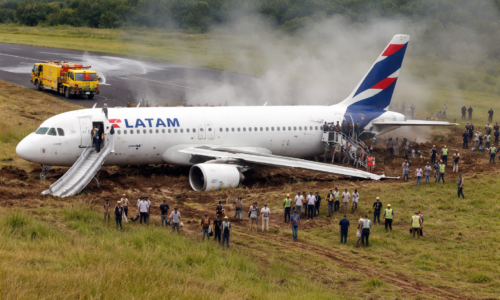 Imagem de capa mostra avião Latam que sai da pista após pouso em Cascavel